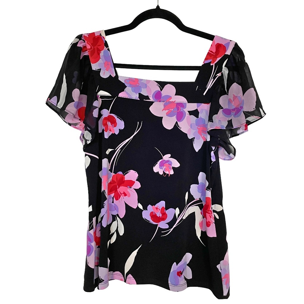 Calvin Klein Black and Pink Floral Flutter Sleeve Office Top XS